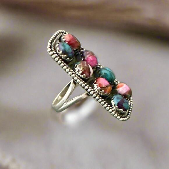 Handmade Pink Dahlia  Long Native American Style Ring Sterling Silver Size 8 - Picture 3 of 7